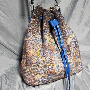 Innue Leather Floral Bucket Bag With Blue Leather Straps